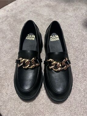 NWOT Steve Madden Black Loafers with Gold Chain Accent